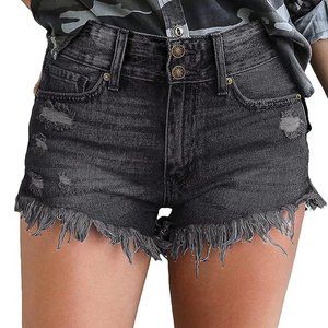 High Waisted Destroyed Black Denim Shorts - Size XL